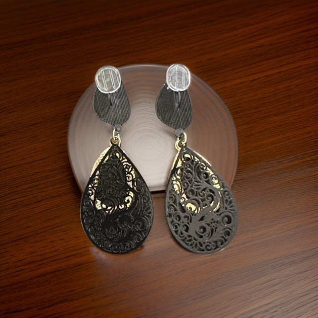 Comfort fit clip on 3" black & gold cutout flower design teardrop earrings