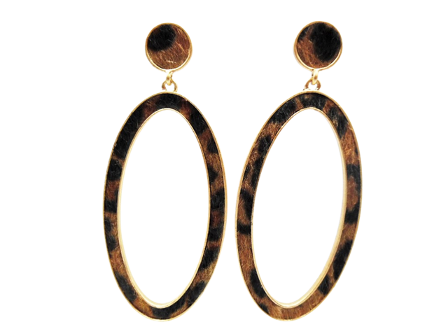 Pierced 4" large gold and brown hairy animal print oval dangle hoop earrings