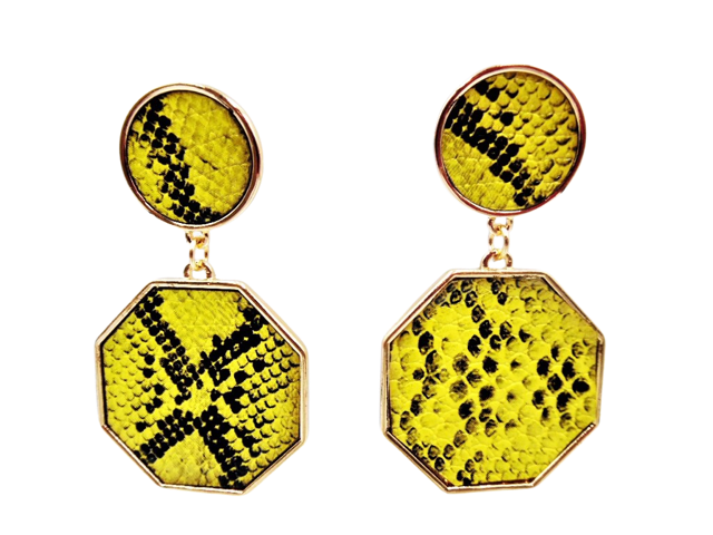Pierced gold, yellow and black snake print circle & octagon earrings