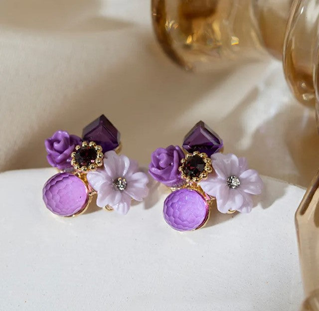 Clip on or Pierced 1" gold and purple stone flower earrings
