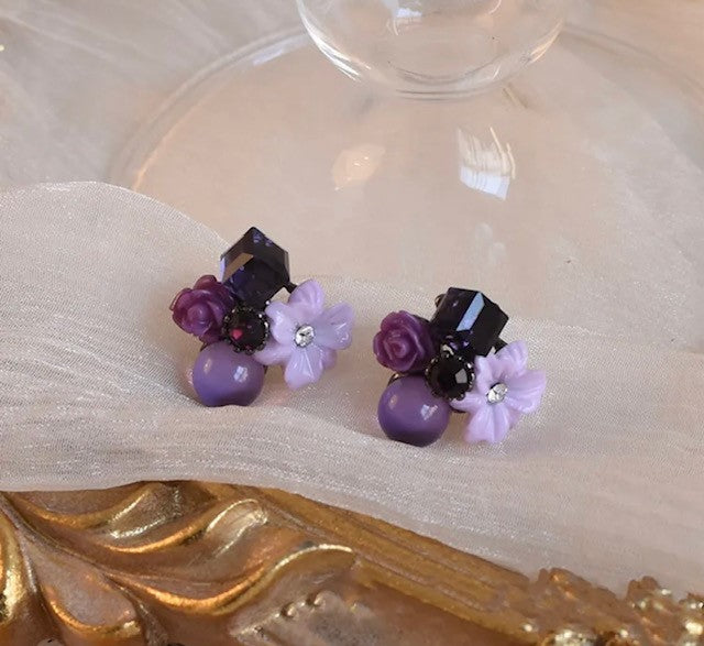 Clip on or Pierced 1" gold and purple stone flower earrings