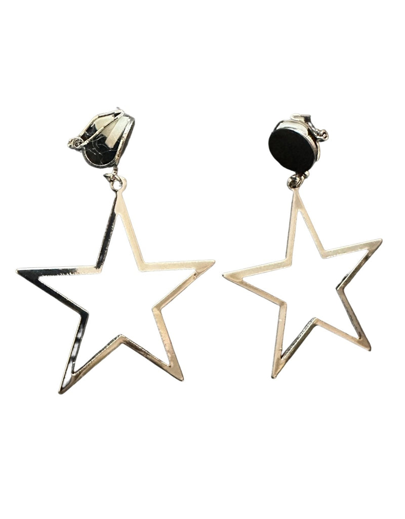 Clip on 2 1/4" silver or gold dangle star earrings