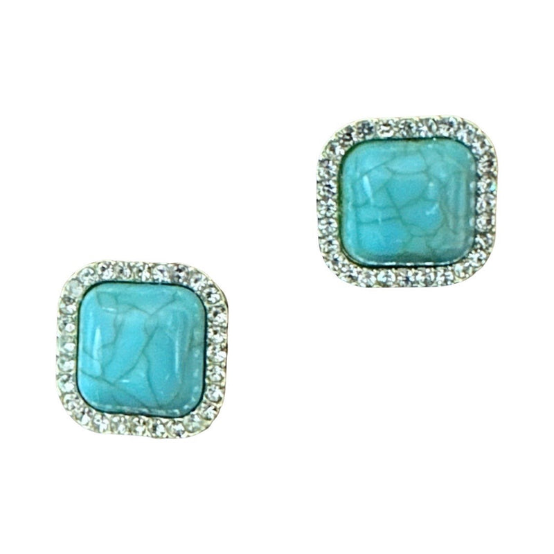 Pierced 1" gold square earrings with a turquoise and clear stones
