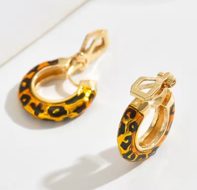 Clip on 3/4" small gold and black animal print hoop earrings