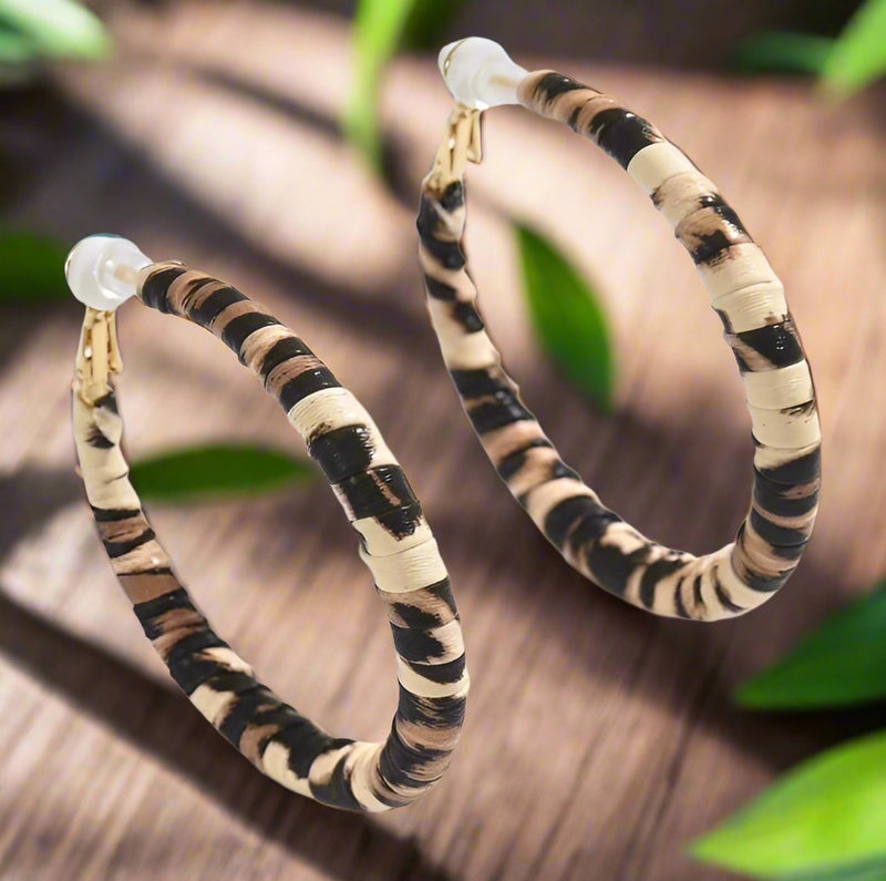 Clip on 2 3/4" gold, brown, tan animal print PU leather hoop earrings