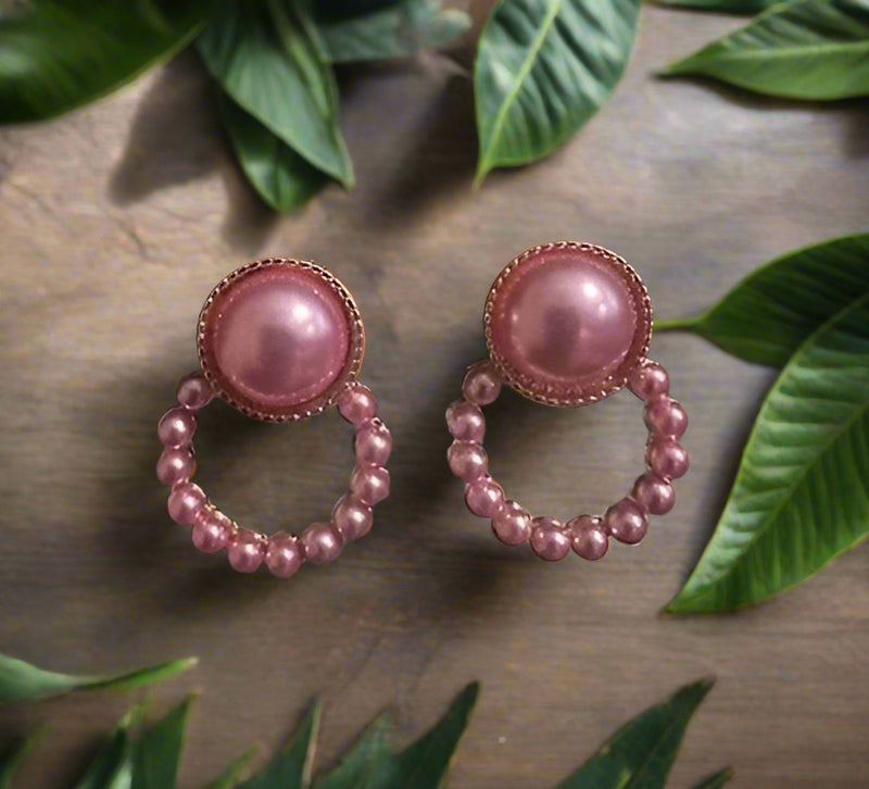 Clip on 1" gold and pink pearl button style loop earrings