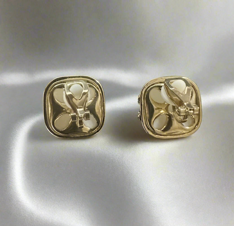 Clip on 3/4" gold and white pearl woven top button style earrings