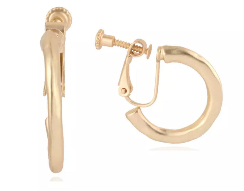 Clip on 1 1/4" matte gold hammered hoop earrings