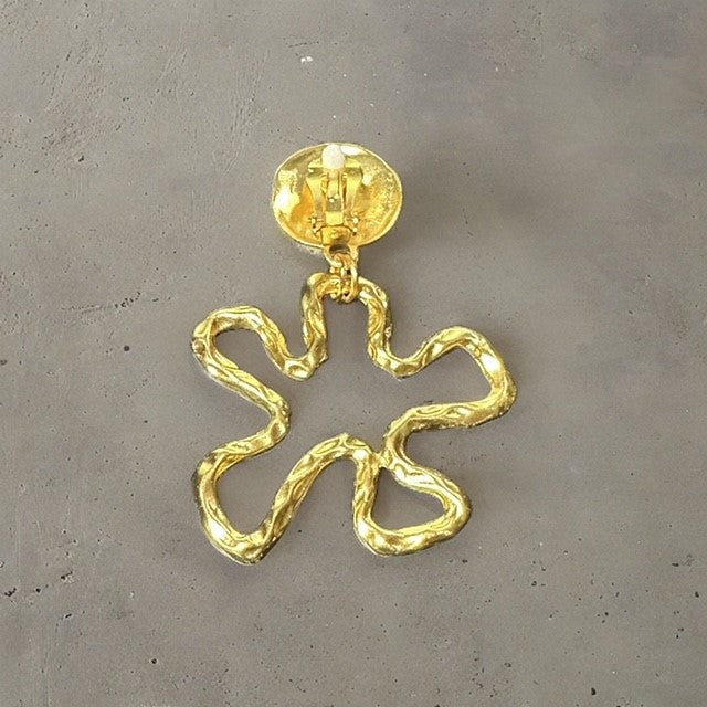Clip on 3" matte yellow gold XL hammered rose top odd shaped earrings
