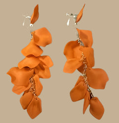 Clip on 5 1/4" XXlong gold chain orange petal dangle earrings