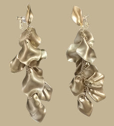 Clip on 5 1/4" XXlong gold chain with matte gold petal dangle earrings