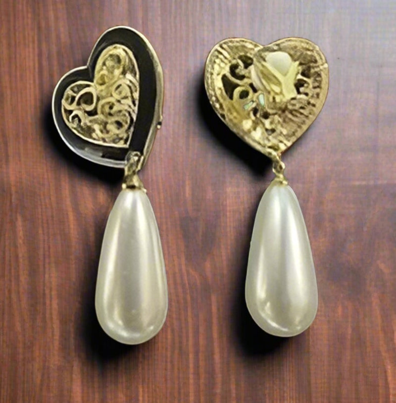 Clip on 2" gold and black heart earrings with dangle pearl