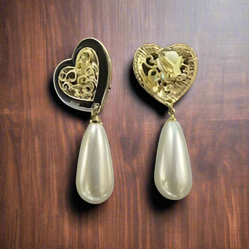 Clip on 2" gold and black heart earrings with dangle pearl