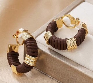 Clip on 1" indented gold and brown leather wrapped hoop earrings