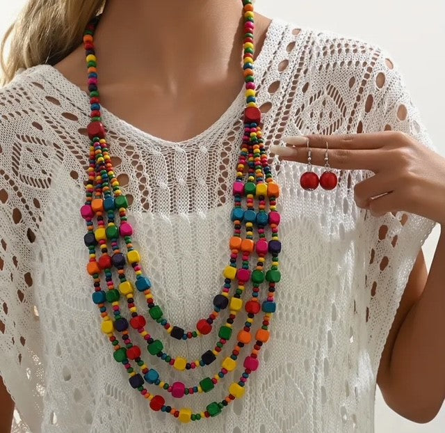 Pierced long silver, multi colored wood bead necklace and earring set