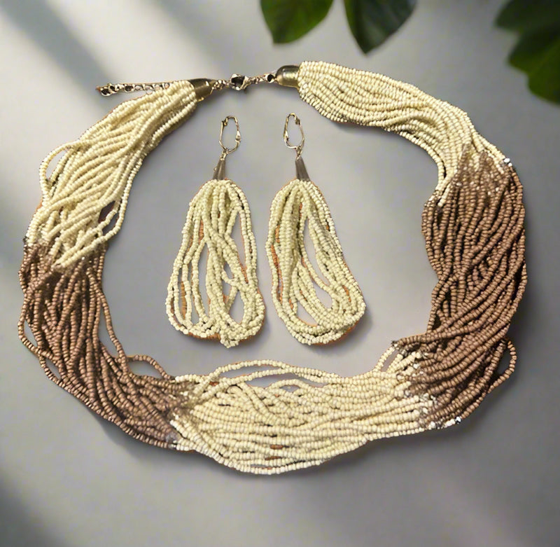 Clip on gold, tan, and brown seed bead necklace set