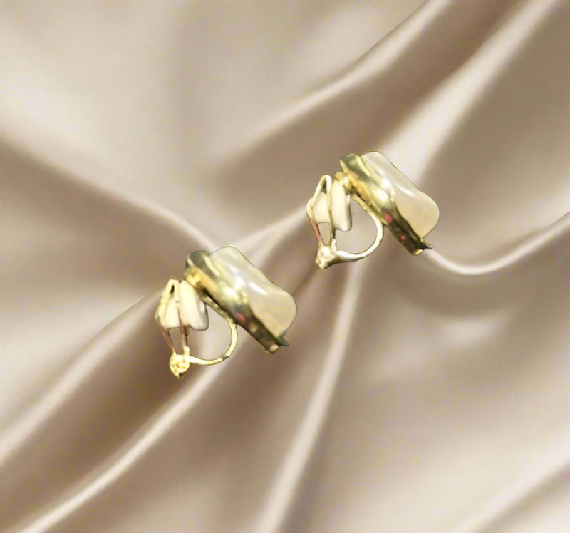 Clip on 3/4" small gold wrinkled white pearl button style earrings
