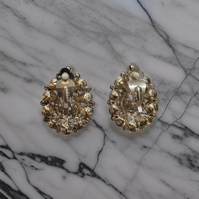 Beautiful 1 3/4" clip on gold and purple stone teardrop earrings