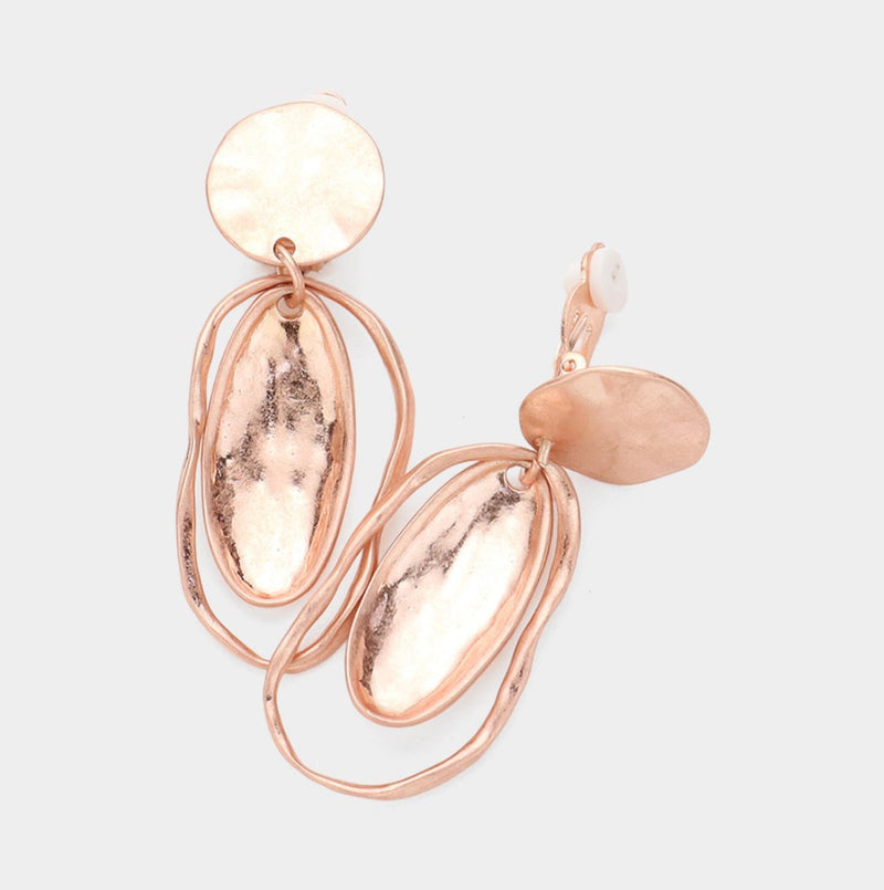 Clip on 2 1/2" hammered rose gold cutout odd shaped earrings