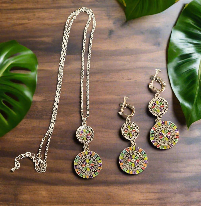 Clip on silver chain multi colored dangle circle necklace and earring set