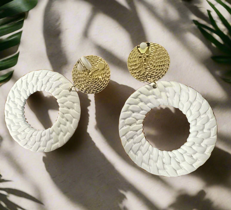 Clip on 2 1/2" round gold top earrings with dangle turquoise woven hoop