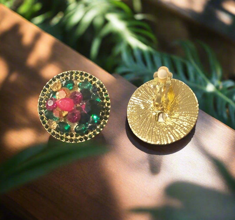 Vintage 1 1/4" clip on gold and multi colored round button style earrings