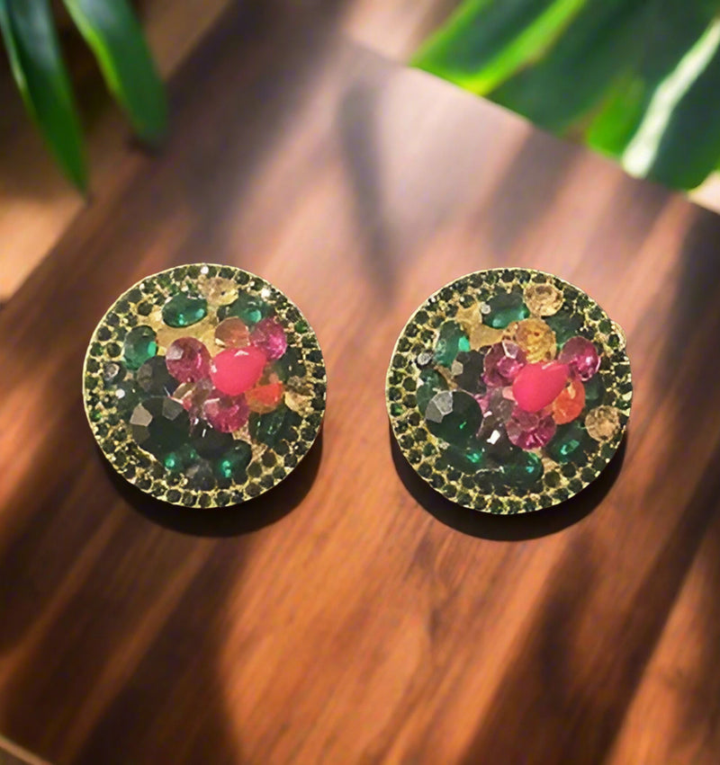 Vintage 1 1/4" clip on gold and multi colored round button style earrings