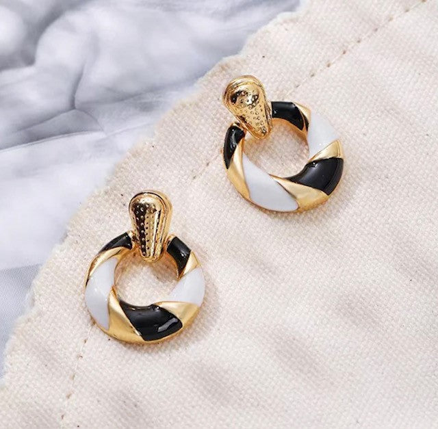 Clip on 1 1/4" gold, black & white stripe dangle hoop earrings