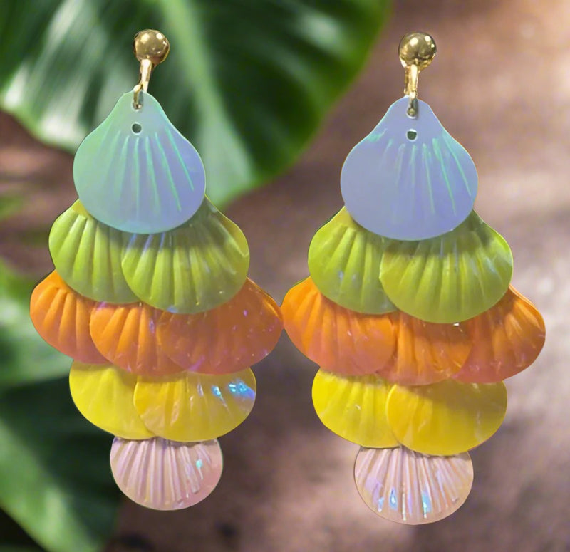Clip on 3" gold and bright multi colored iridescent layered shell earrings