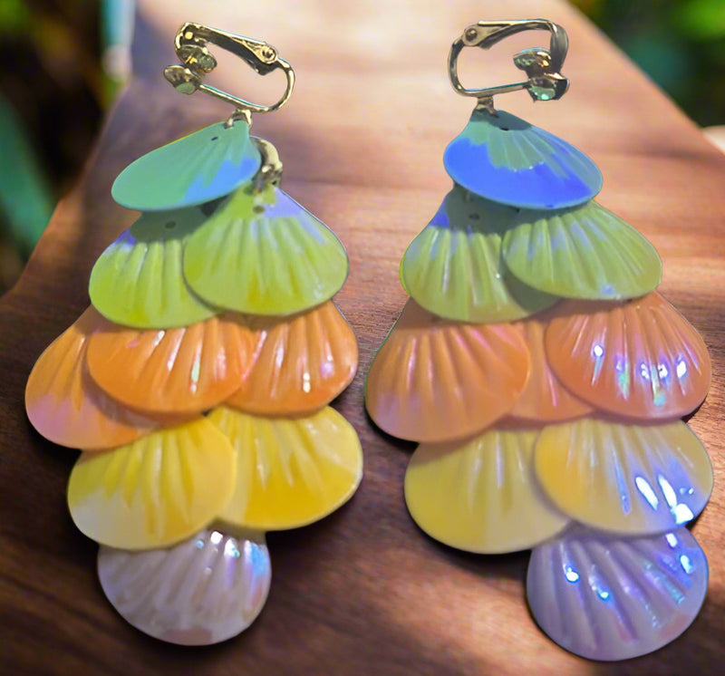 Clip on 3" gold and bright multi colored iridescent layered shell earrings