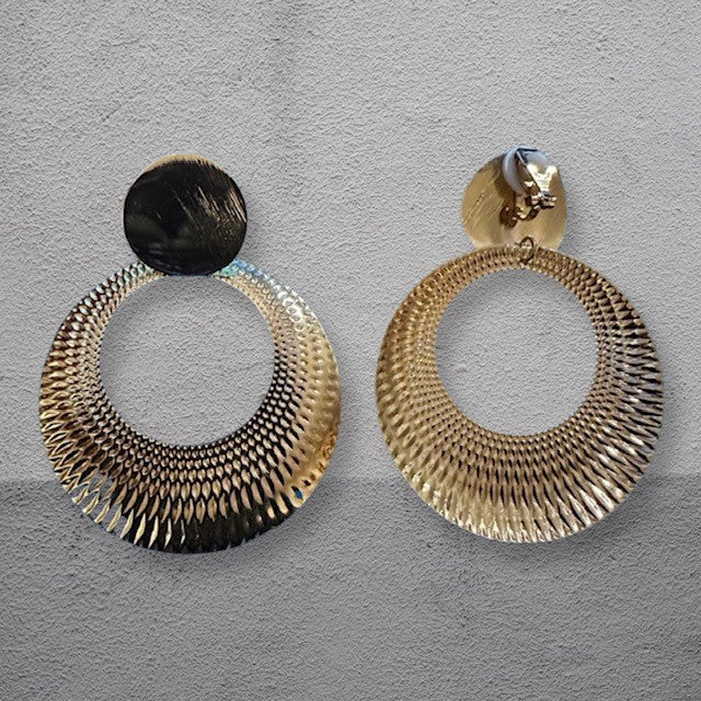 Clip on 2 3/4" gold textured dangle wide hoop earrings