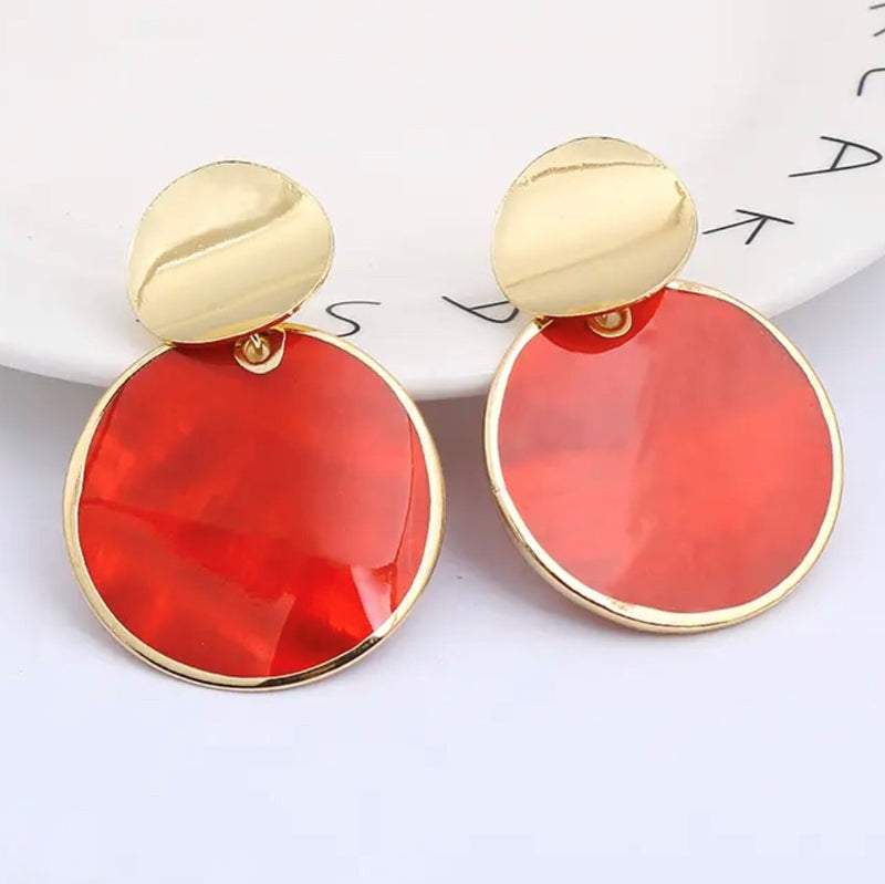 Clip on 2" gold and red shell double circle earrings
