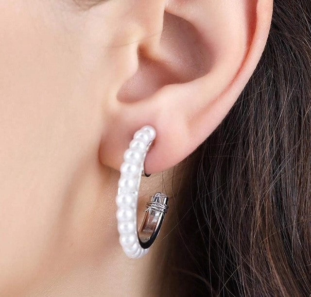 Clip on 1 1/4" silver and white pearl hoop earrings