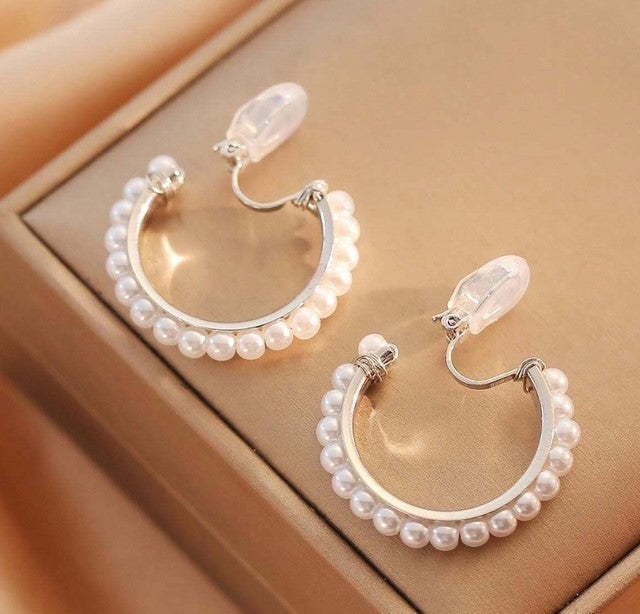 Clip on 1 1/4" silver and white pearl hoop earrings