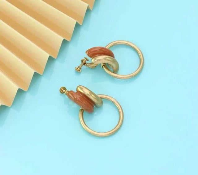 Clip on 1 3/4" brass and brown dangle hoop earrings
