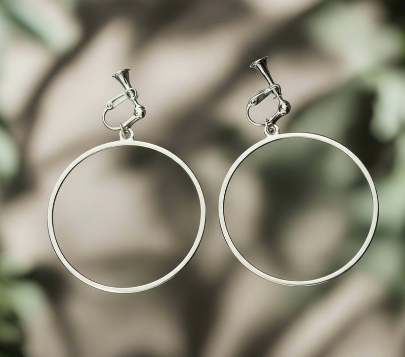 Clip on 2 1/2" large silver dangle screw back hoop earrings