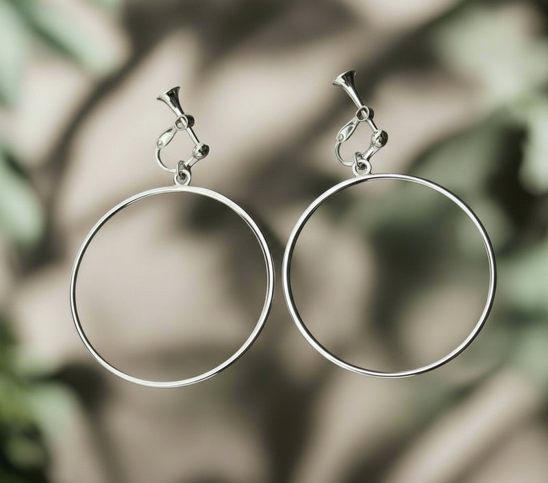 Clip on 2 1/2" large silver dangle screw back hoop earrings