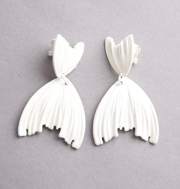 Trendy 2" clip on white fish tail dangle earrings
