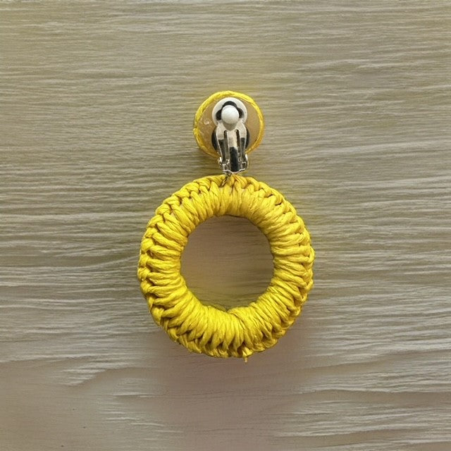 Clip on 3" long silver and yellow thread dangle hoop earrings