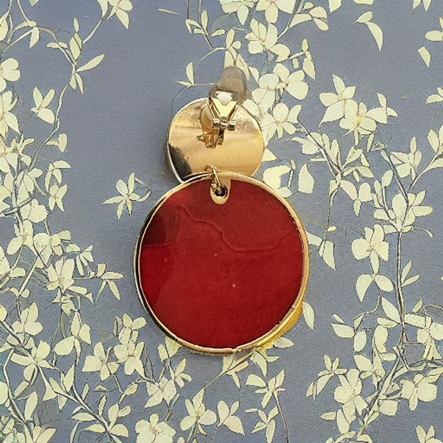 Clip on 2" gold and red shell double circle earrings