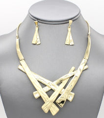 Pierced gold &  matte gold abstract necklace and earring set