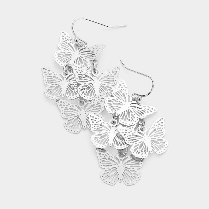 Silver 2" pierced dangle butterfly cluster earrings