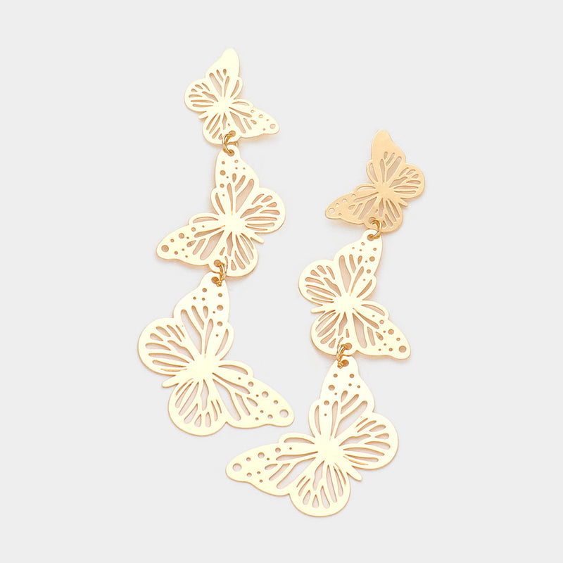 Pierced 3" lightweight gold three butterfly dangle earrings