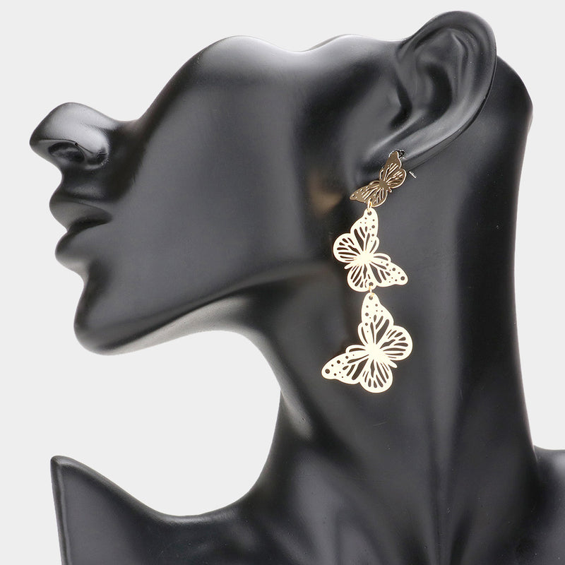 Pierced 3" lightweight gold three butterfly dangle earrings