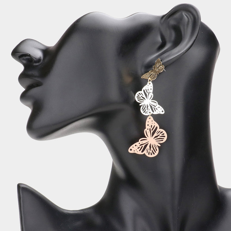 Pierced 3" lightweight gold, silver and rose dangle butterfly earrings