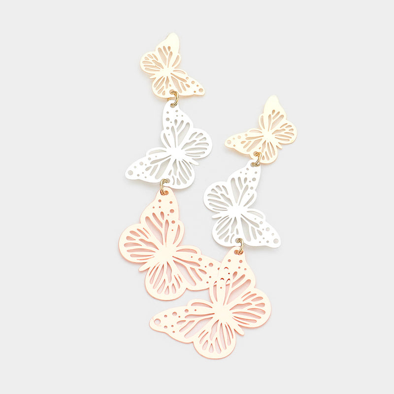 Pierced 3" lightweight gold, silver and rose dangle butterfly earrings