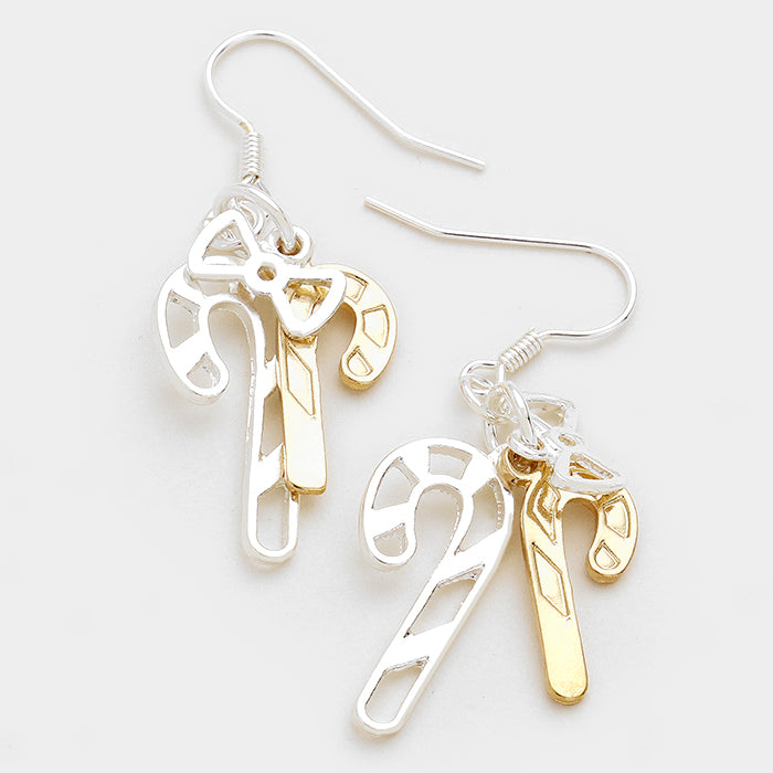 Pierced 2" silver & gold dangle double candy cane earrings