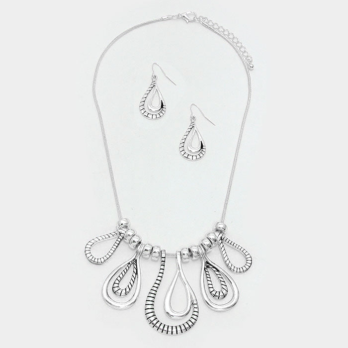 Pierced silver snake chain multi teardrop necklace & earring set
