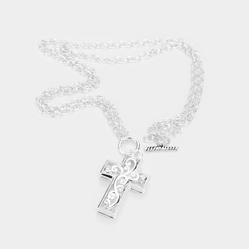 Pierced silver cutout flower design Cross reversible necklace set