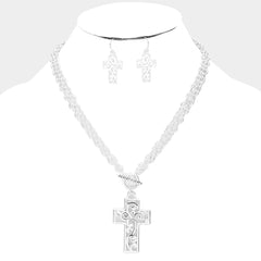 Pierced silver cutout flower design Cross reversible necklace set